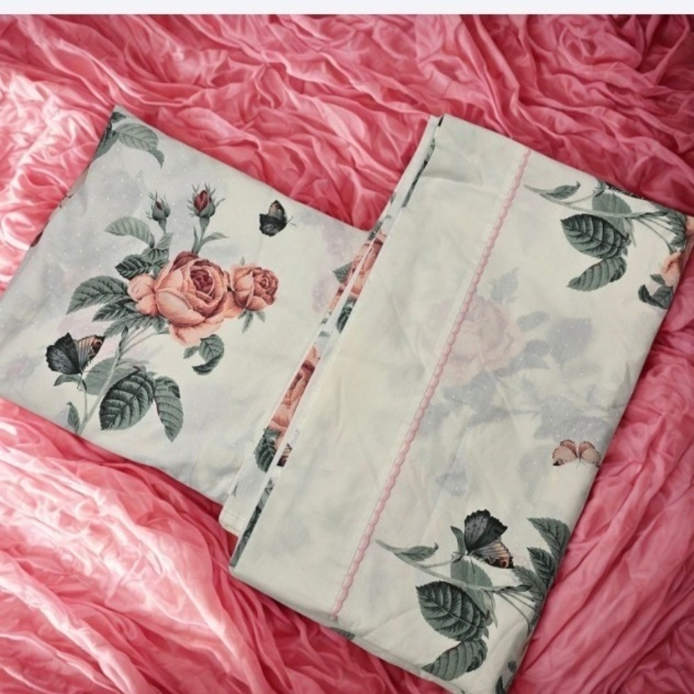 Vintage WestPoint Stevens Queen Sheet Set Pink Rose Butterfly Polka Dot USA Made